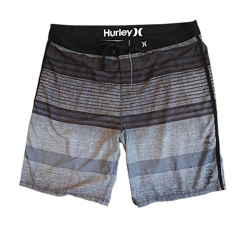 Hurley Phantom Clemente Board Shorts Mens 40 Black Grey Striped Swim Trunks Vaca